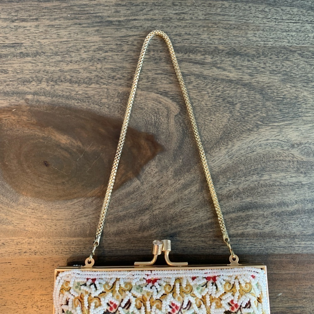Du-Val Vintage Beaded Purse Made in Hong Kong Gold Tone Chain Flowers Multicolor - Picture 2 of 13